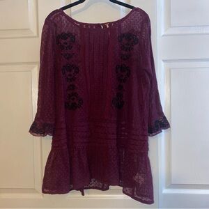 Free People Jocelyn Red Black Embroidered Sheer Tunic Top